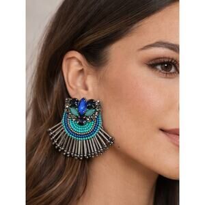 Kay Lee Blue Metal Glass Beaded Boho Earrings New